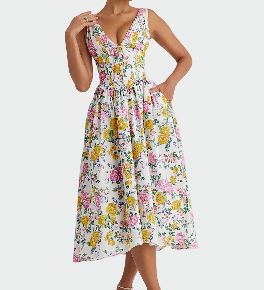 Midi obleka romantičnega cvetličnega vzorca