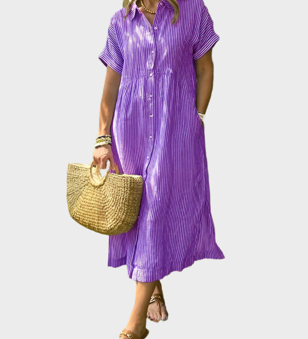 Črtasta Srajčna Obleka z Ovratnikom, Gumbi in Funkcionalnimi Žepi