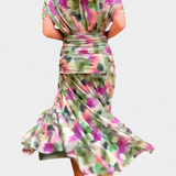 Dolgo Cvečno Obleko z V-Izrezom in Romantičnim Dodatkom