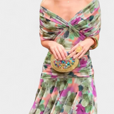 Dolgo Cvečno Obleko z V-Izrezom in Romantičnim Dodatkom